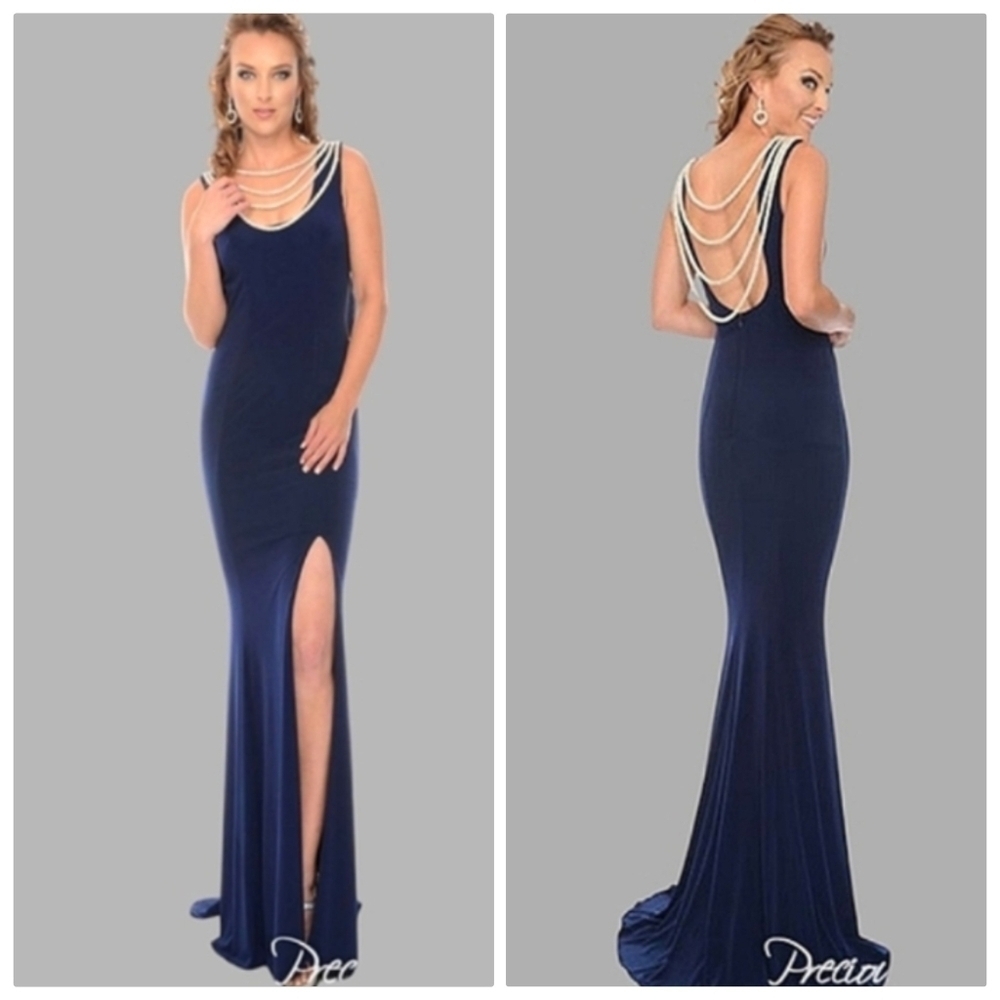 Precious Formals Lux Gal Navy Evening Gown Tiered Rhinestone Cord Neckline S